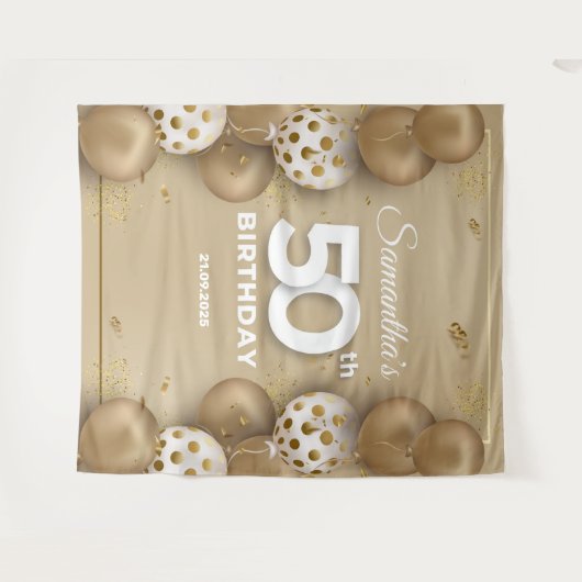 偽金と白の風船 50歳の誕生日 タペストリー (正面(横))
