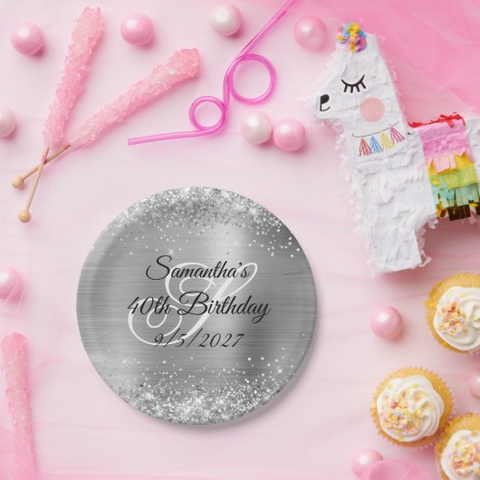 偽銀のグリッターとホイル 40歳の誕生日 ペーパープレート (パーティー)