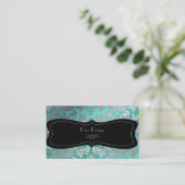 偽銀のバロック様式ダマスク織 / 黒 / 青緑 名刺 (スタンド正面)