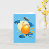 傘でかわいい飛んでいる子猫 カード (黄色い花)