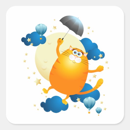 傘でかわいい飛んでいる子猫 スクエアシール (正面)