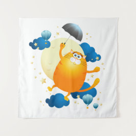 傘でかわいい飛んでいる子猫 タペストリー