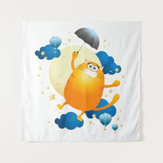 傘でかわいい飛んでいる子猫 タペストリー (正面)