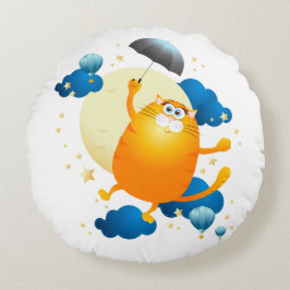 傘でかわいい飛んでいる子猫 ラウンドクッション