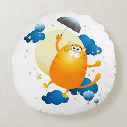 傘でかわいい飛んでいる子猫 ラウンドクッション (正面)