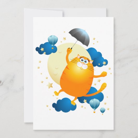 傘でかわいい飛んでいる子猫 招待状 (正面)
