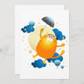 傘でかわいい飛んでいる子猫 招待状 (正面/裏面)