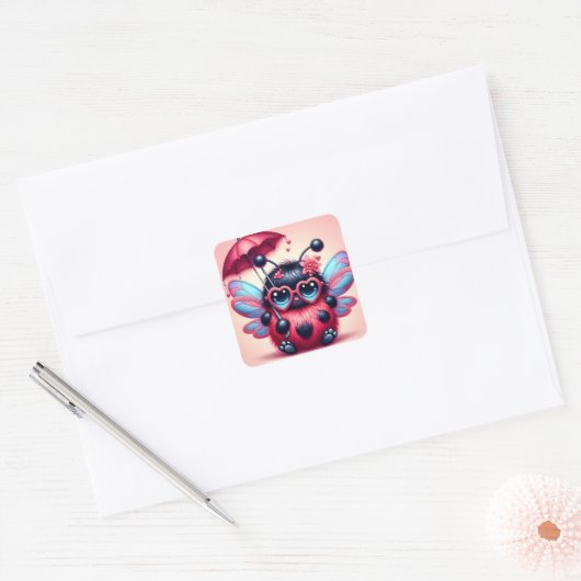 傘でのかわいいレディーバグ スクエアシール (封筒)