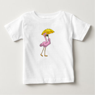 傘で雨が降るフラミンゴ ベビーTシャツ