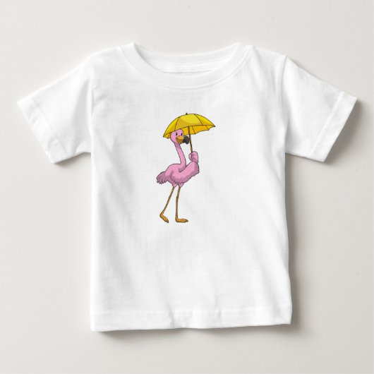 傘で雨が降るフラミンゴ ベビーTシャツ (正面)