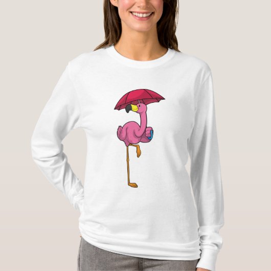 傘で雨が降るフラミンゴ Tシャツ (正面)