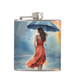 傘で雨の中のセクシーレディ – 水彩アート フラスク