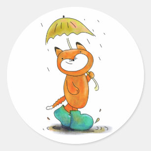 傘で雨の中の可愛い漫画の狐 ラウンドシール