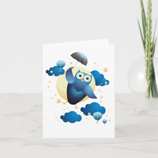 傘で飛んでいるかわいいフクロウ カード (正面)