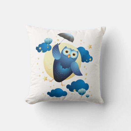 傘で飛んでいるかわいいフクロウ クッション (正面)