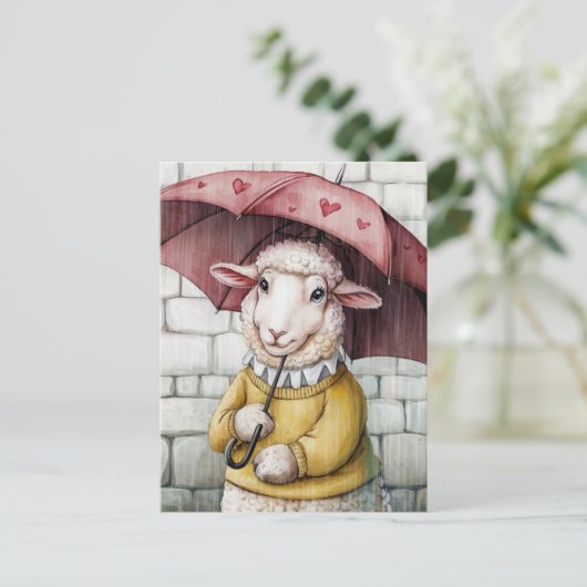 傘で黄色いセーターを着たかわいい羊 ポストカード (スタンド正面)