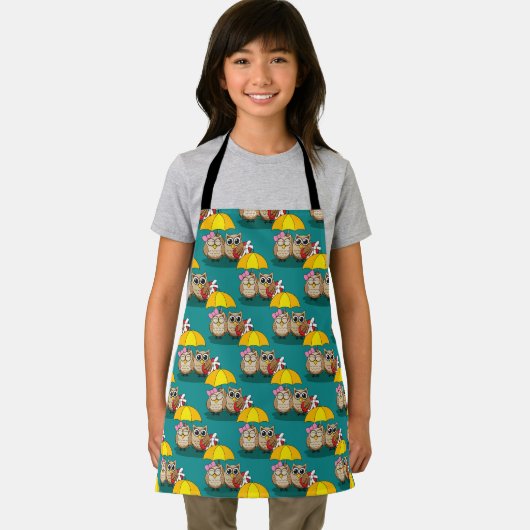 傘とレッドチョコレートボックスが付いたかわいいフクロウ好き エプロン (インサイチュ)