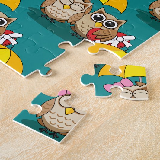 傘とレッドチョコレートボックスが付いたかわいいフクロウ好き ジグソーパズル (側面)