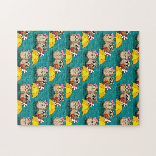 傘とレッドチョコレートボックスが付いたかわいいフクロウ好き ジグソーパズル (横)