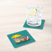 傘とレッドチョコレートボックスが付いたかわいいフクロウ好き スクエアペーパーコースター (インサイチュ)