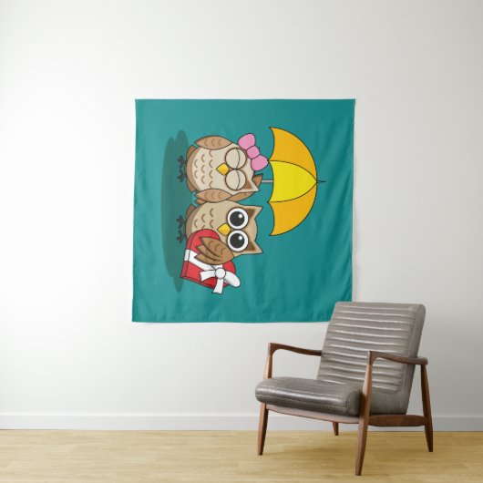 傘とレッドチョコレートボックスが付いたかわいいフクロウ好き タペストリー (インサイチュ(横))