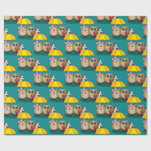 傘とレッドチョコレートボックスが付いたかわいいフクロウ好き ラッピングペーパー (フラット)