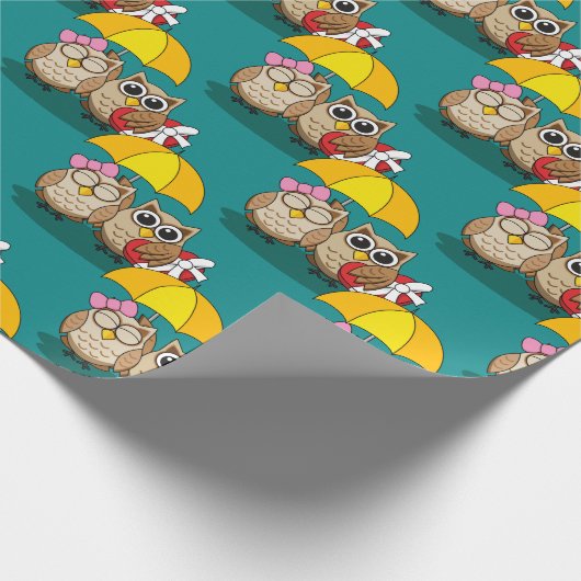 傘とレッドチョコレートボックスが付いたかわいいフクロウ好き ラッピングペーパー (角)