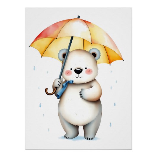 傘と雨粒を使った水色クマ ポスター (正面)