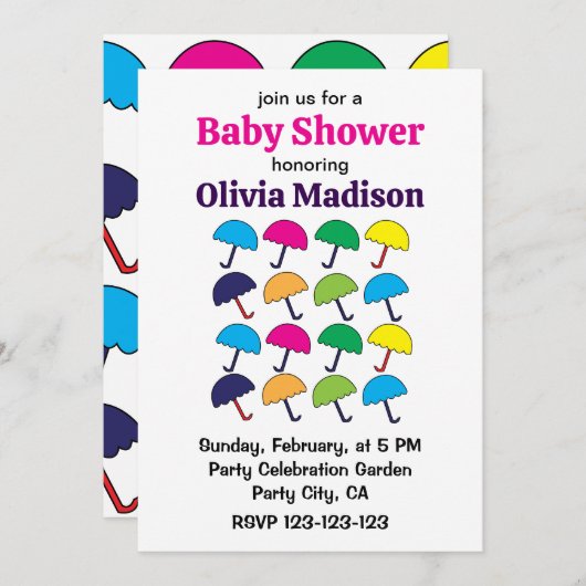 傘のカラフル傘の赤ちゃんガールシャワー 招待状 (正面/裏面)