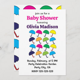 傘のカラフル傘の赤ちゃんガールシャワー 招待状