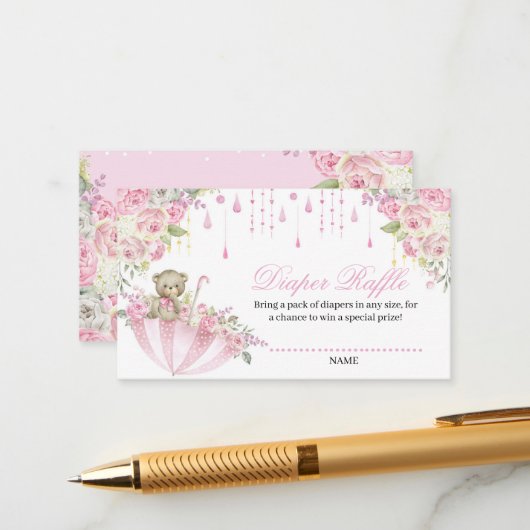 傘のスパンコールベイビーテディベアおむつくじ英語 エンクロージャーカード (正面/裏面インサイチュ)