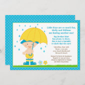 傘のベビー散水シャワーブルー男の子 招待状 (正面/裏面)