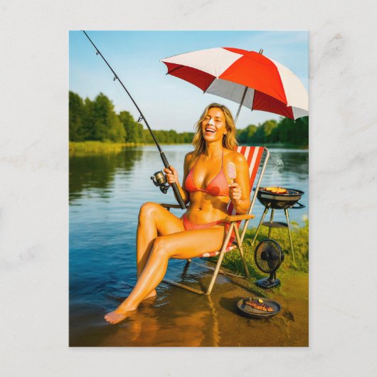 傘の下でアイスを食べながら釣りをする女性 シーズンポストカード (正面)
