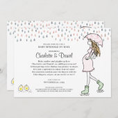 傘の下の妊娠中のママ　メールでベビーシャワー　双子 招待状 (正面/裏面)