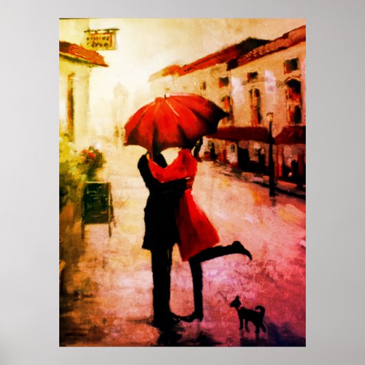 傘の下キスをするのロマンチックなカップル ポスター (正面)