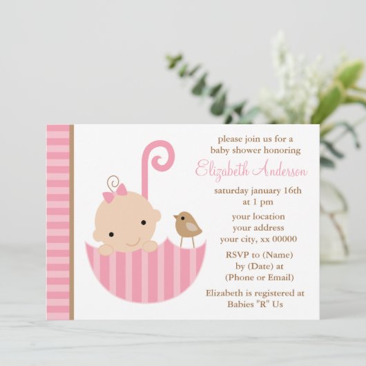 傘の中のピンクのベビーベビーシャワー 招待状 (スタンド正面)