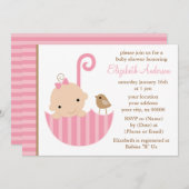 傘の中のピンクのベビーベビーシャワー 招待状 (正面/裏面)