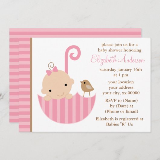 傘の中のピンクのベビーベビーシャワー 招待状 (正面/裏面)