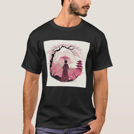 傘の付いたレディさくらんぼブロッサム日本の城 Tシャツ (正面)