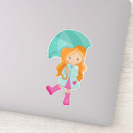傘の女の子，レインコートの女の子，オレンジ色の髪 シール