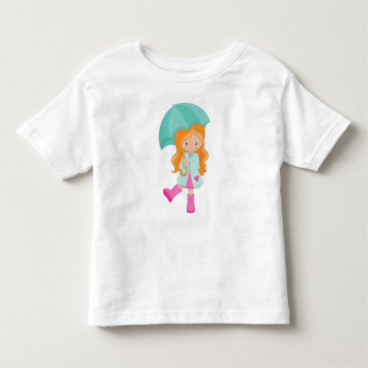 傘の少女、レインコートの少女、オレンジ色の髪 トドラーTシャツ (正面)
