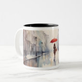 傘の水色のグラフィックマグ付き女性 ツートーンマグカップ (正面左)