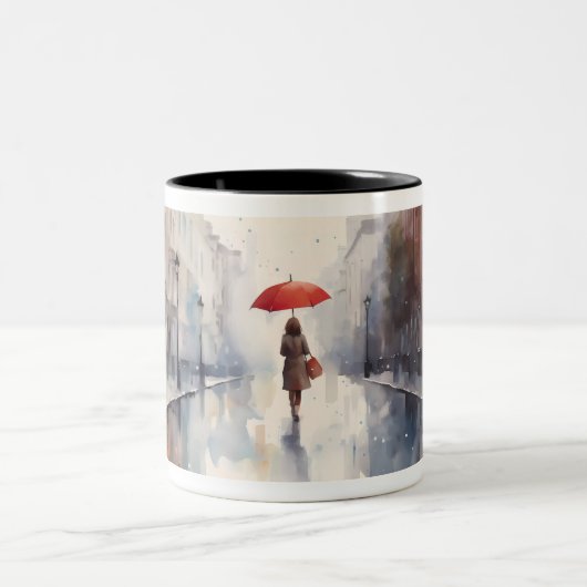 傘の水色のグラフィックマグ付き女性 ツートーンマグカップ (中央)