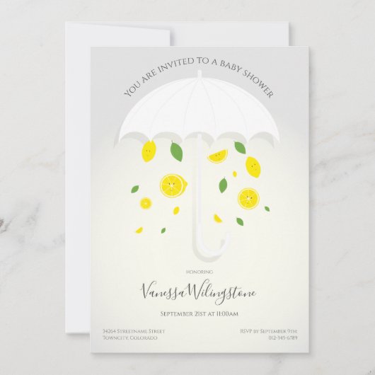 傘の白いグレーのレモン漫画の赤ちゃんシャワー 招待状 (正面)