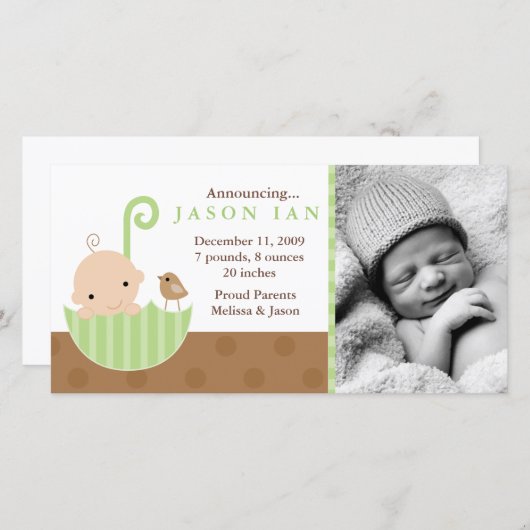 傘の誕生の発表の緑のベビー 案内状 (正面/裏面)