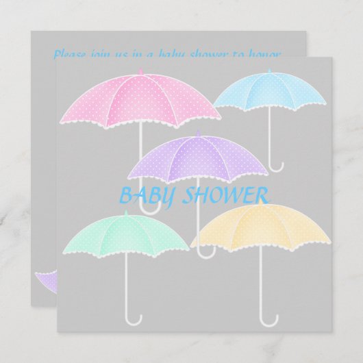 傘の赤ちゃんシャワーブルーとグレーの招待 招待状 (正面/裏面)