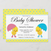 傘の赤ちゃんシャワー付き女の子と男の子のダッキー(アヒルちゃん) 招待状 (正面/裏面)