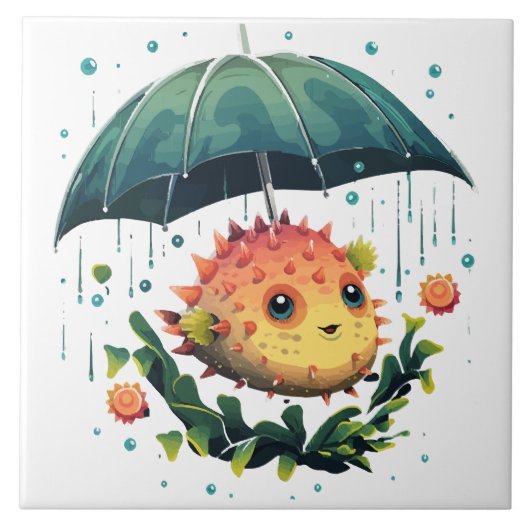 傘をさしたフグの雨の日 タイル (正面)