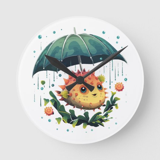 傘をさしたフグの雨の日 ラウンド壁時計 (正面)