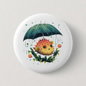 傘をさしたフグの雨の日 缶バッジ (正面)
